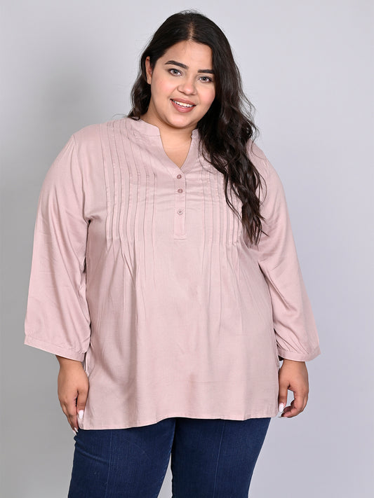 9 Impression Women Plus Size Beige Solid Pintuck Mandarin Collar Longline Top