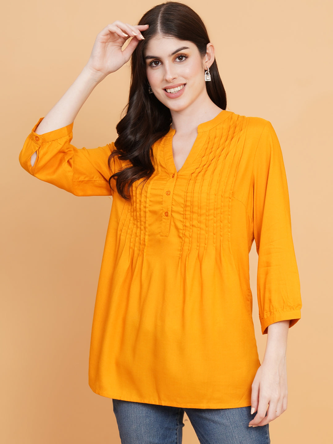 9 Impression Woman Mustard Solid Pintuck Longline Top