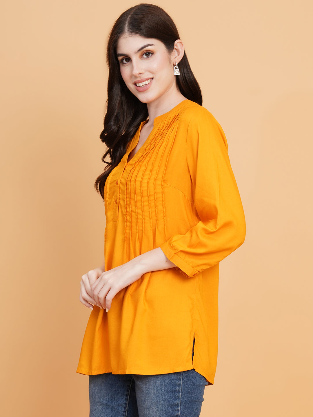 9 Impression Woman Mustard Solid Pintuck Longline Top