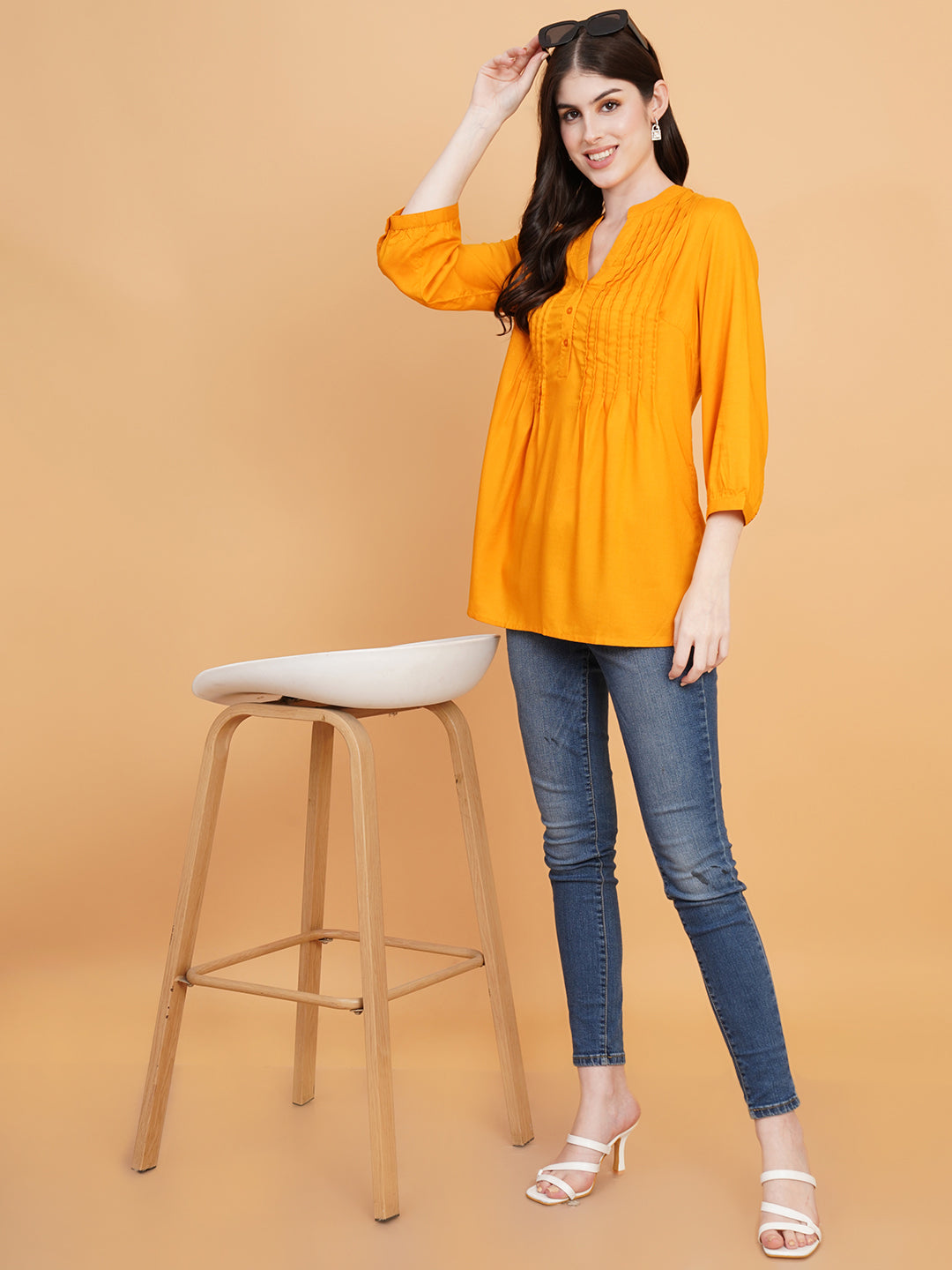 9 Impression Woman Mustard Solid Pintuck Longline Top