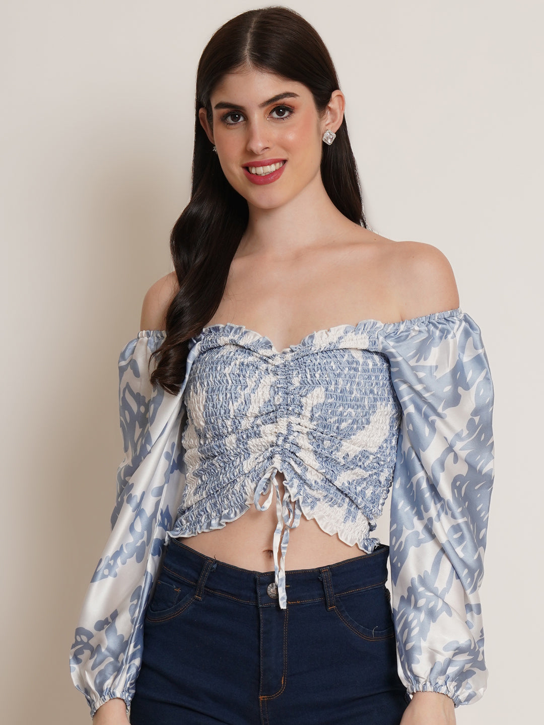 9 Impression Woman Blue Printed off Shoulder  Tops