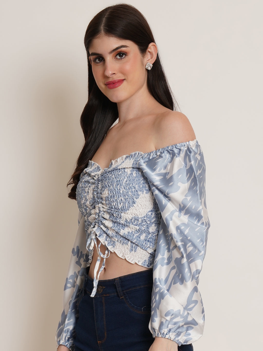 9 Impression Woman Blue Printed off Shoulder  Tops