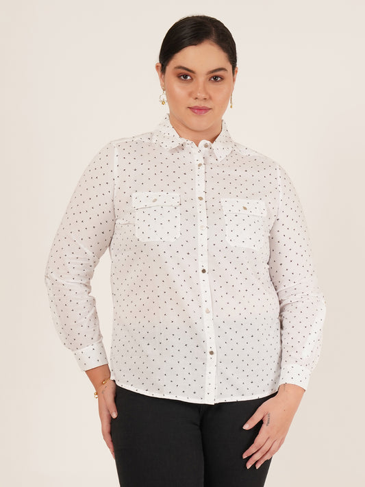 Women White Printed Cotton Plus Size Shirt