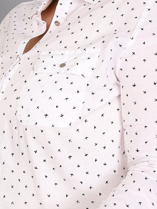 9 Impression Women White & Black Star Print Plus Size Shirt