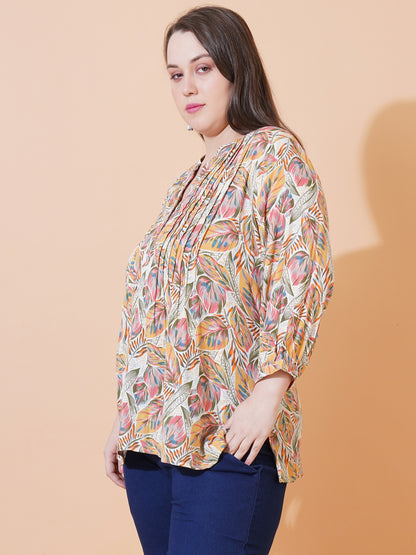 Women Green & Pink Leaf Print Pintuck Plus Size Top