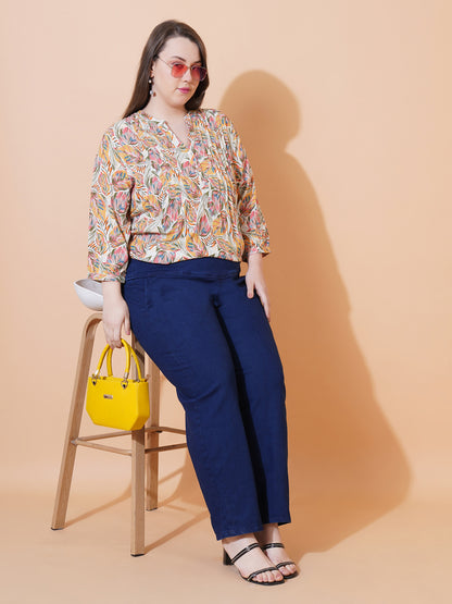 Women Green & Pink Leaf Print Pintuck Plus Size Top