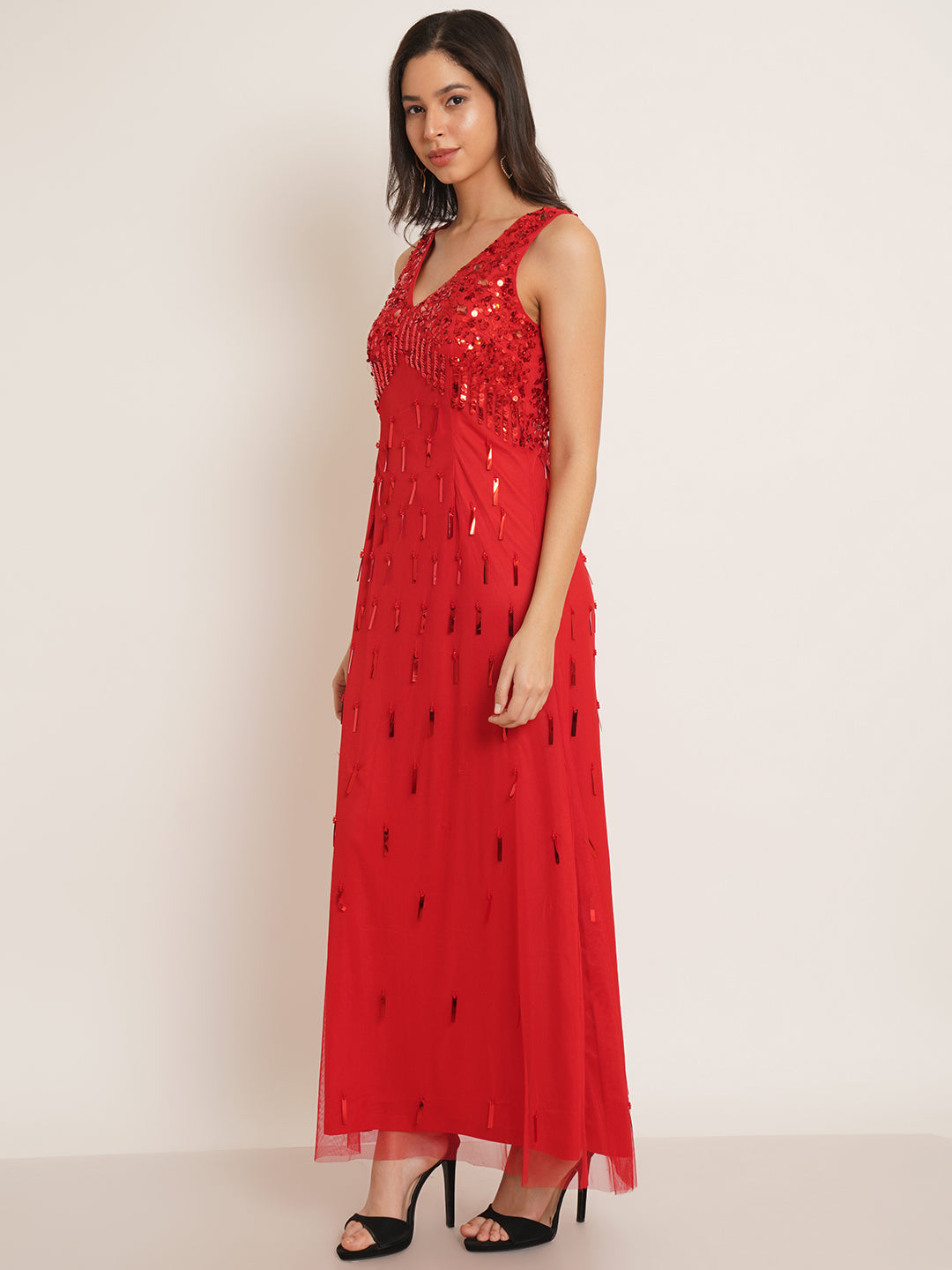 Women Red Embellished V-Neck Maxi Gown