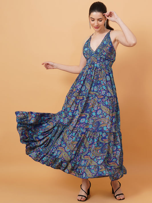 Women Royal Blue & Teal Leaf Print Fit & Flare Dress