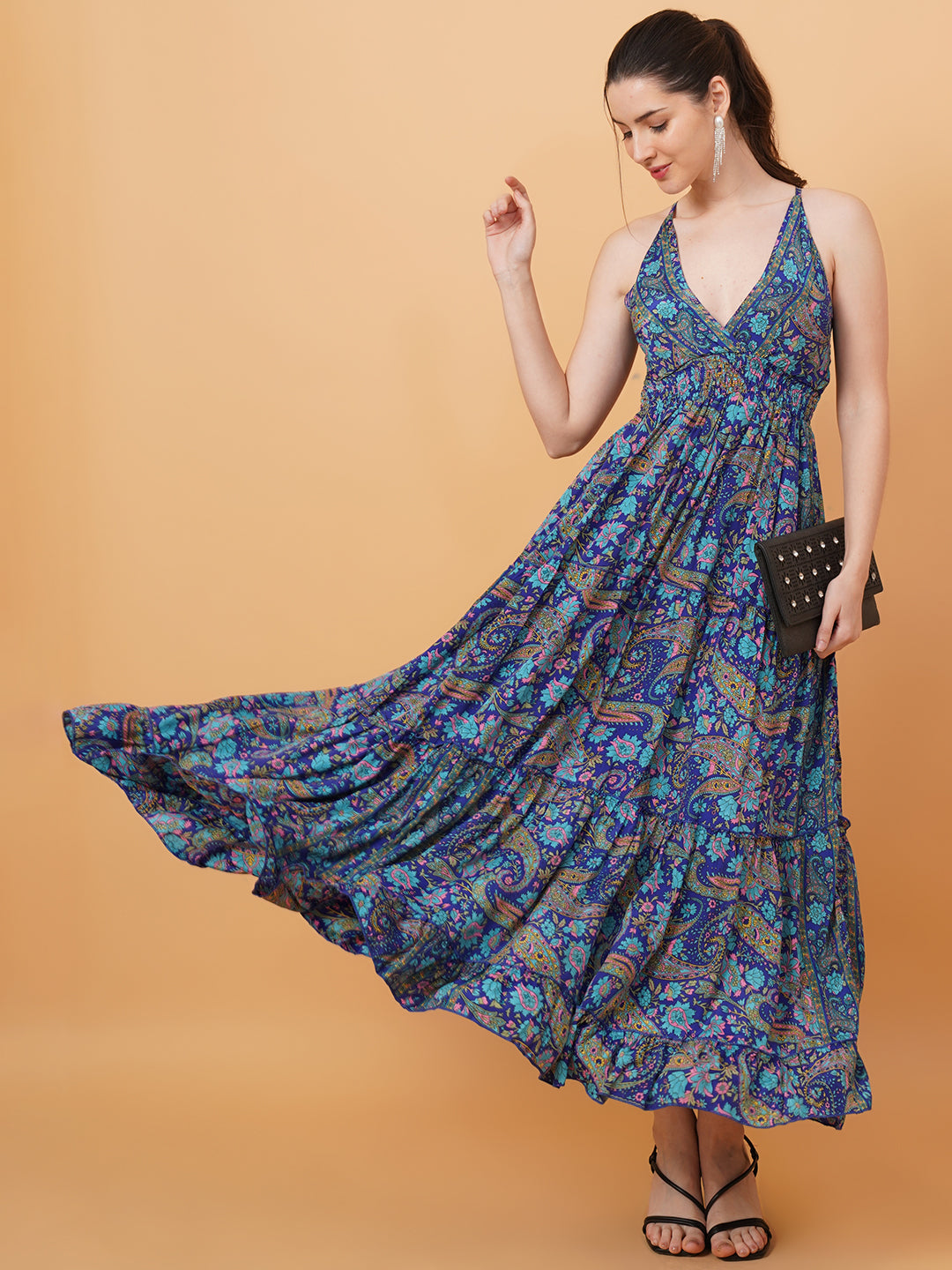 Women Royal Blue & Teal Leaf Print Fit & Flare Dress