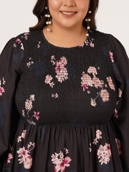 Navy Blue & Pink Floral Print Smocked Women Maxi Dress