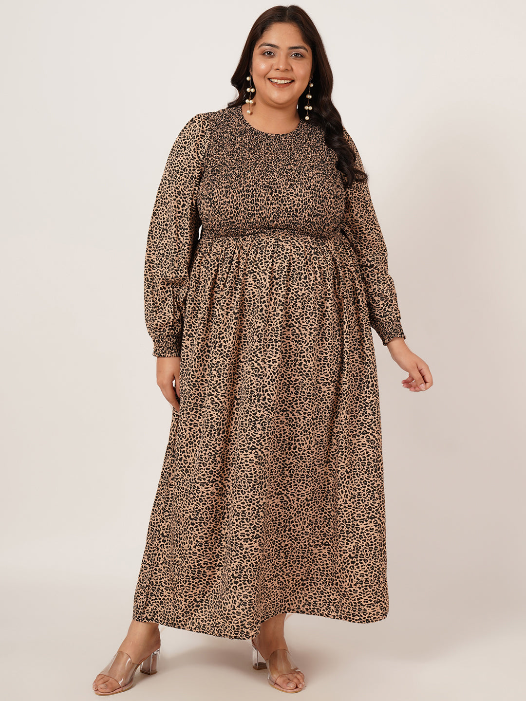 Women Brown & Black Animal Print Smocked Plus Size Maxi Dress