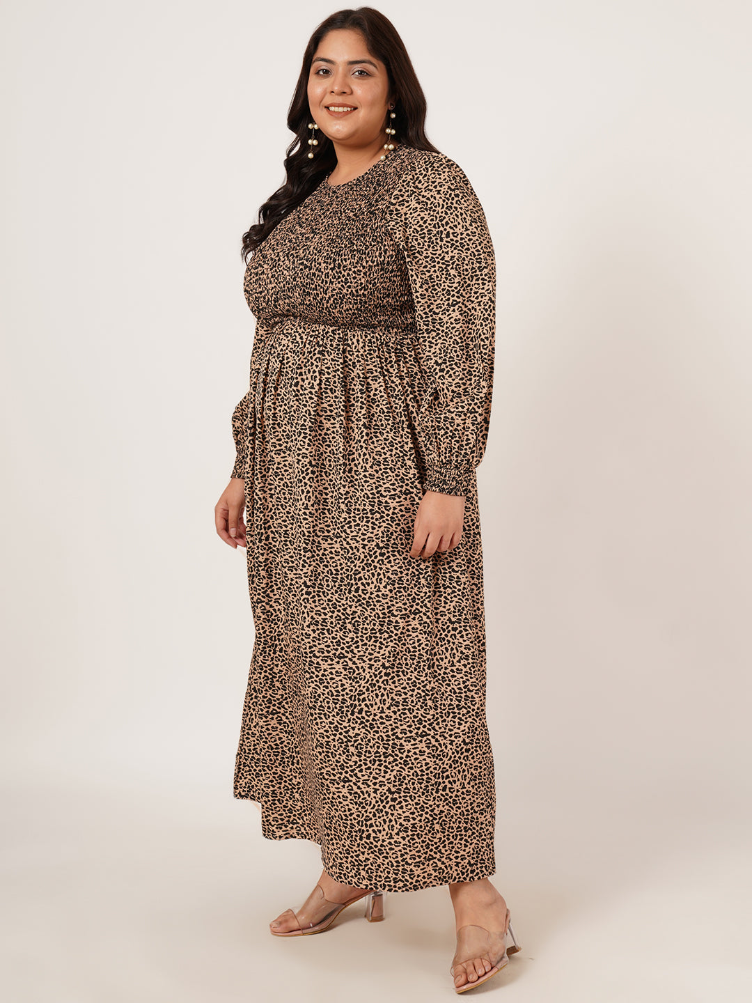 Women Brown & Black Animal Print Smocked Plus Size Maxi Dress