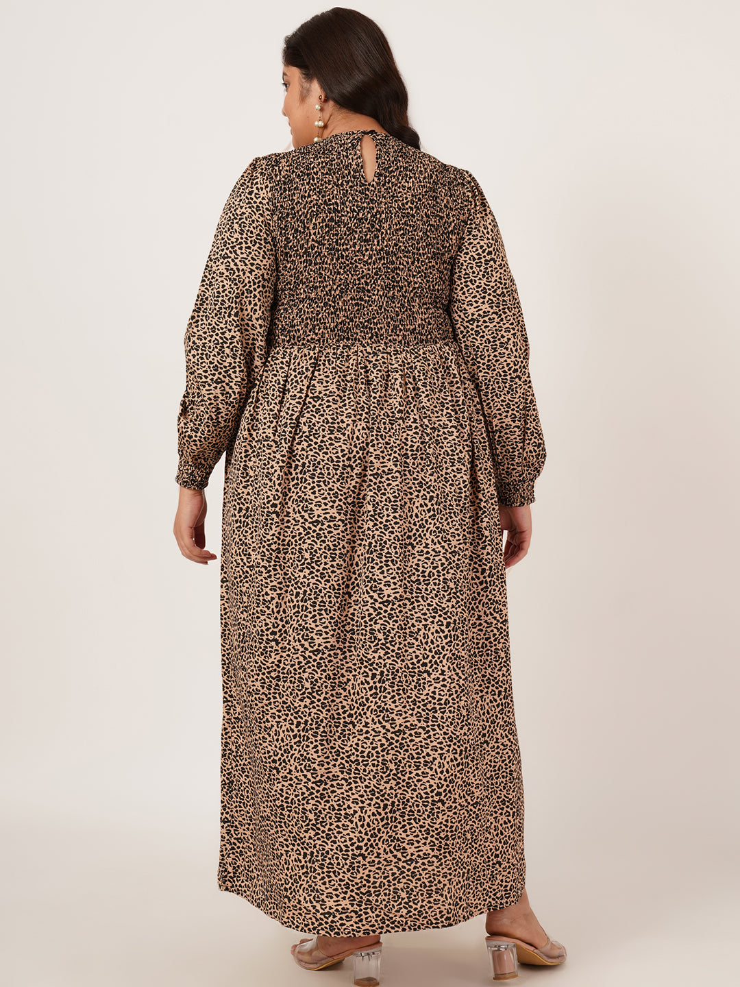 Women Brown & Black Animal Print Smocked Plus Size Maxi Dress