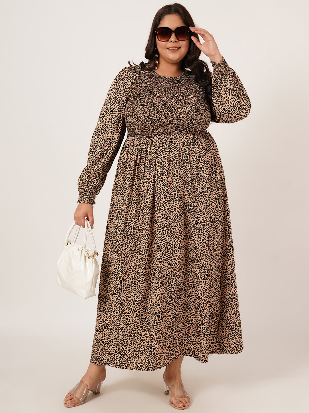 Women Brown & Black Animal Print Smocked Plus Size Maxi Dress