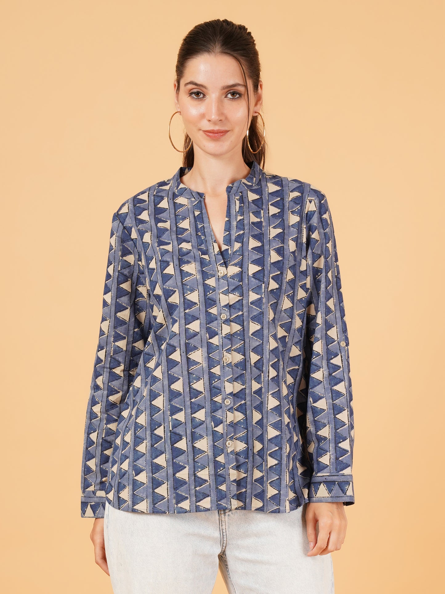 Women Navy Blue & Beige Geometry Print Shirt