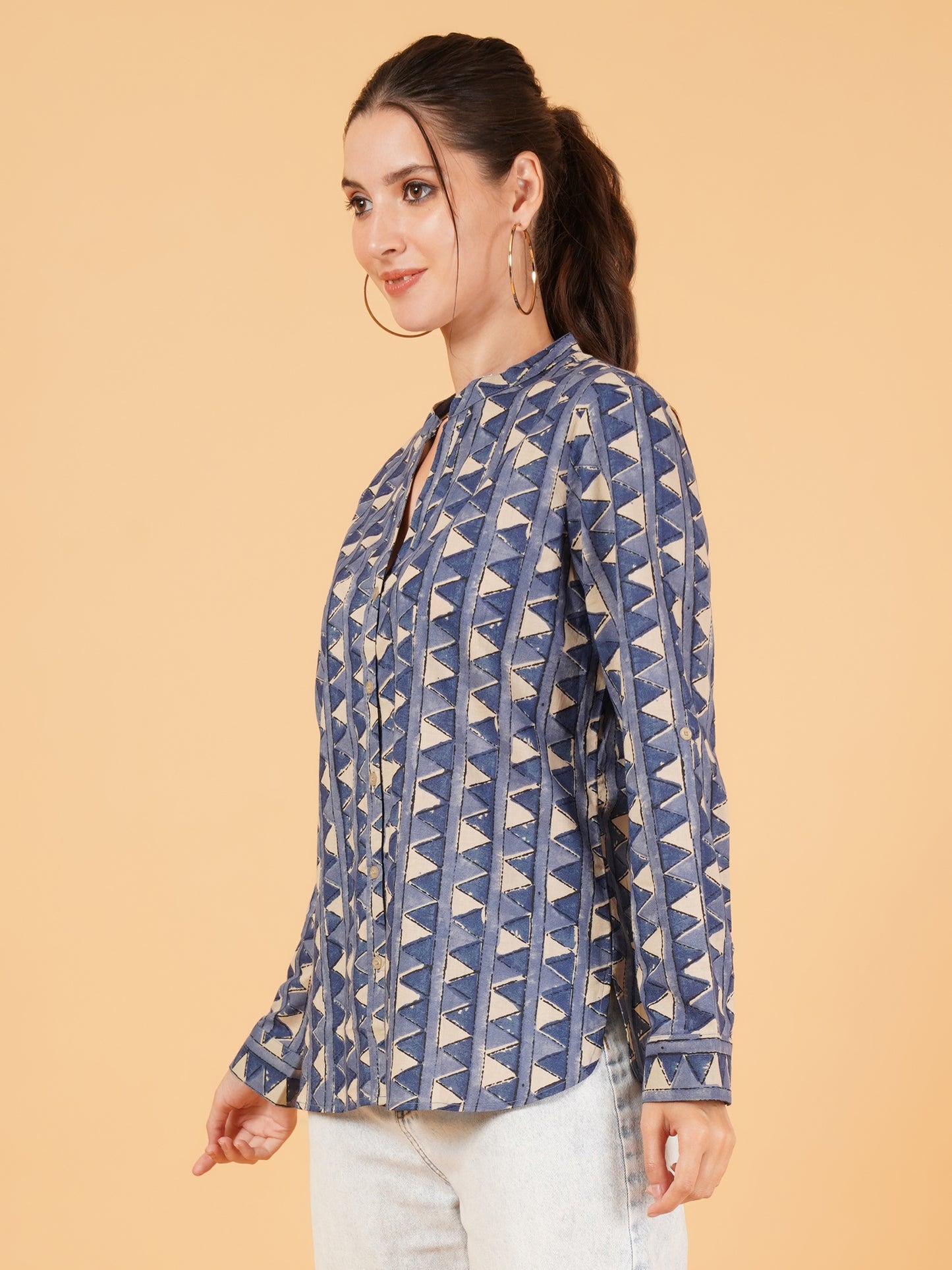 Women Navy Blue & Beige Geometry Print Shirt