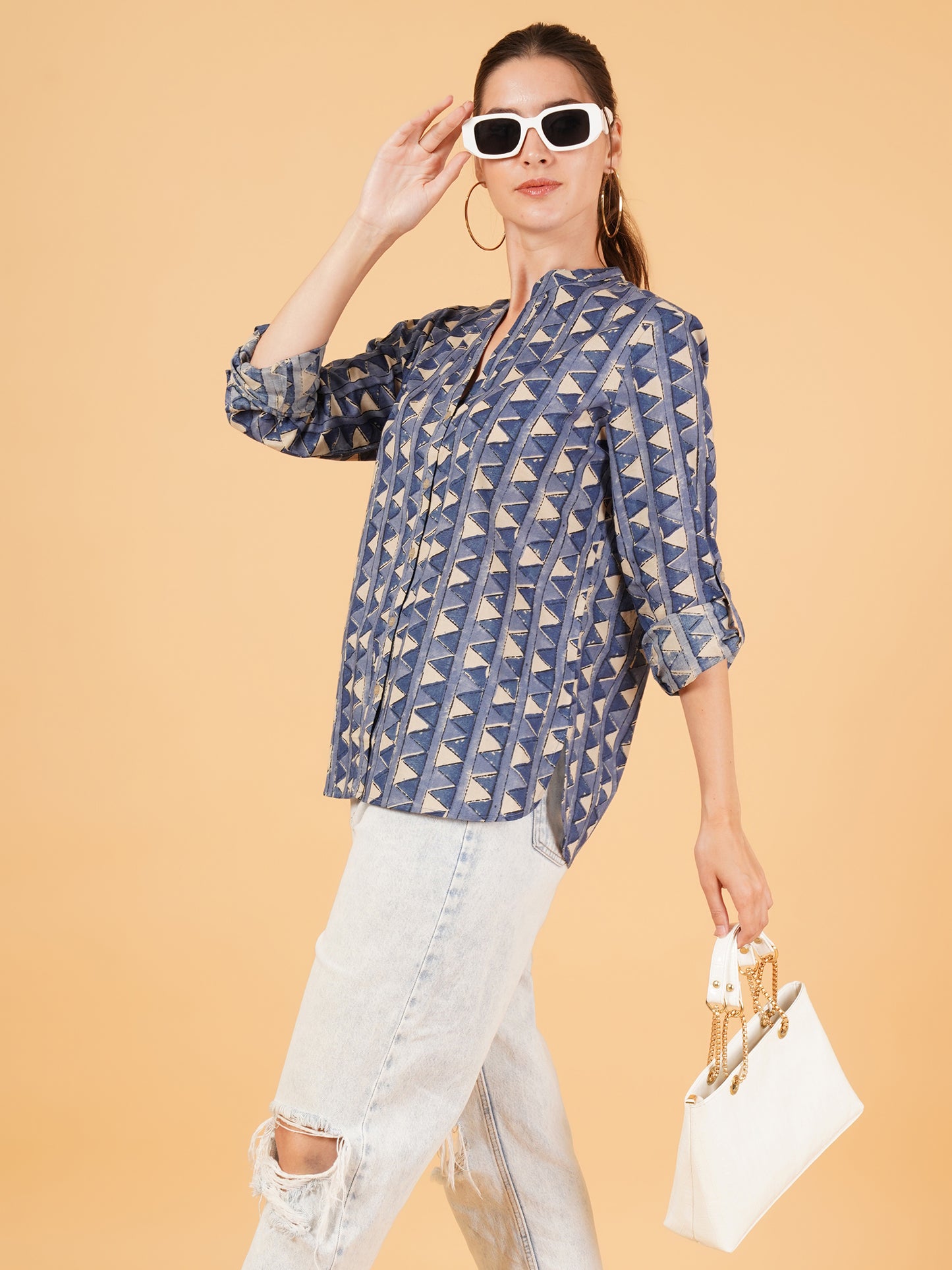 Women Navy Blue & Beige Geometry Print Shirt