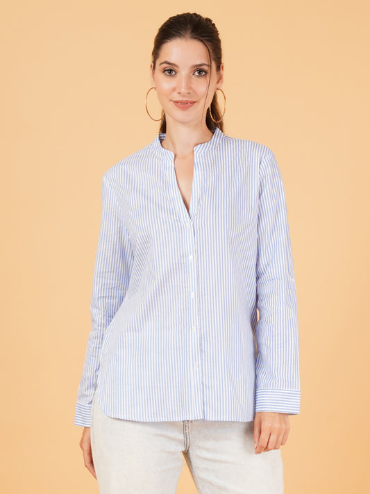 Women Blue & White Striped Mandarin Collar Shirt