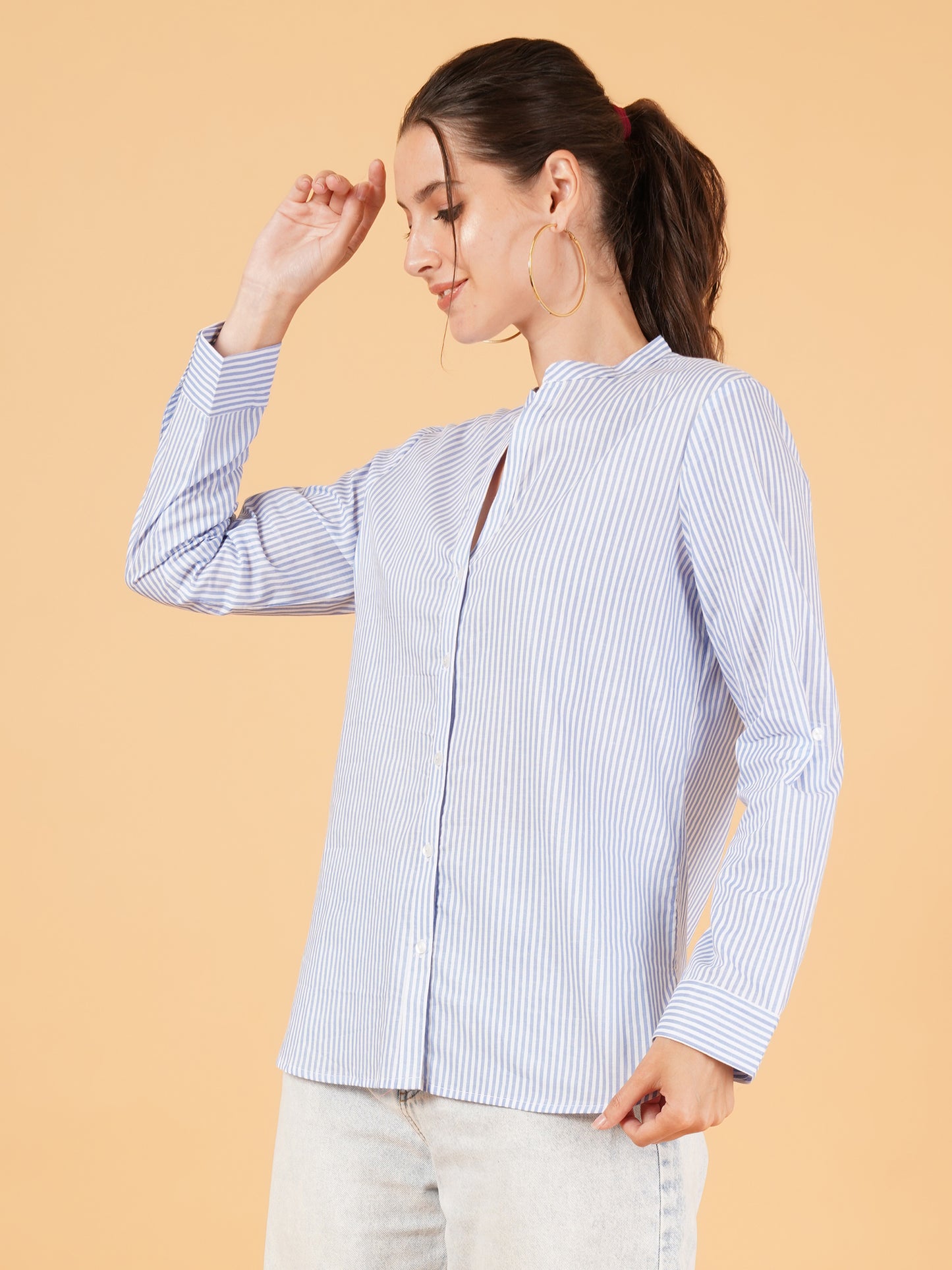 Women Blue & White Striped Mandarin Collar Shirt