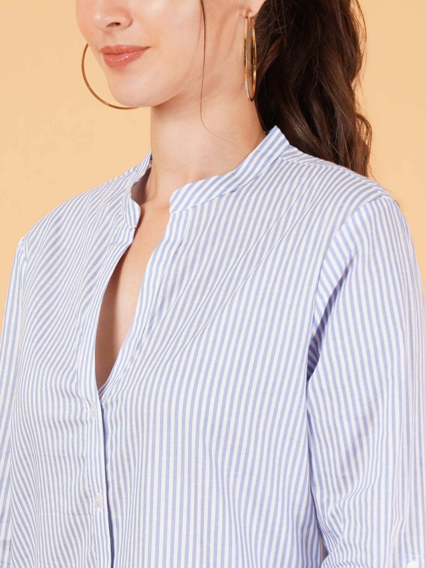 Women Blue & White Striped Mandarin Collar Shirt