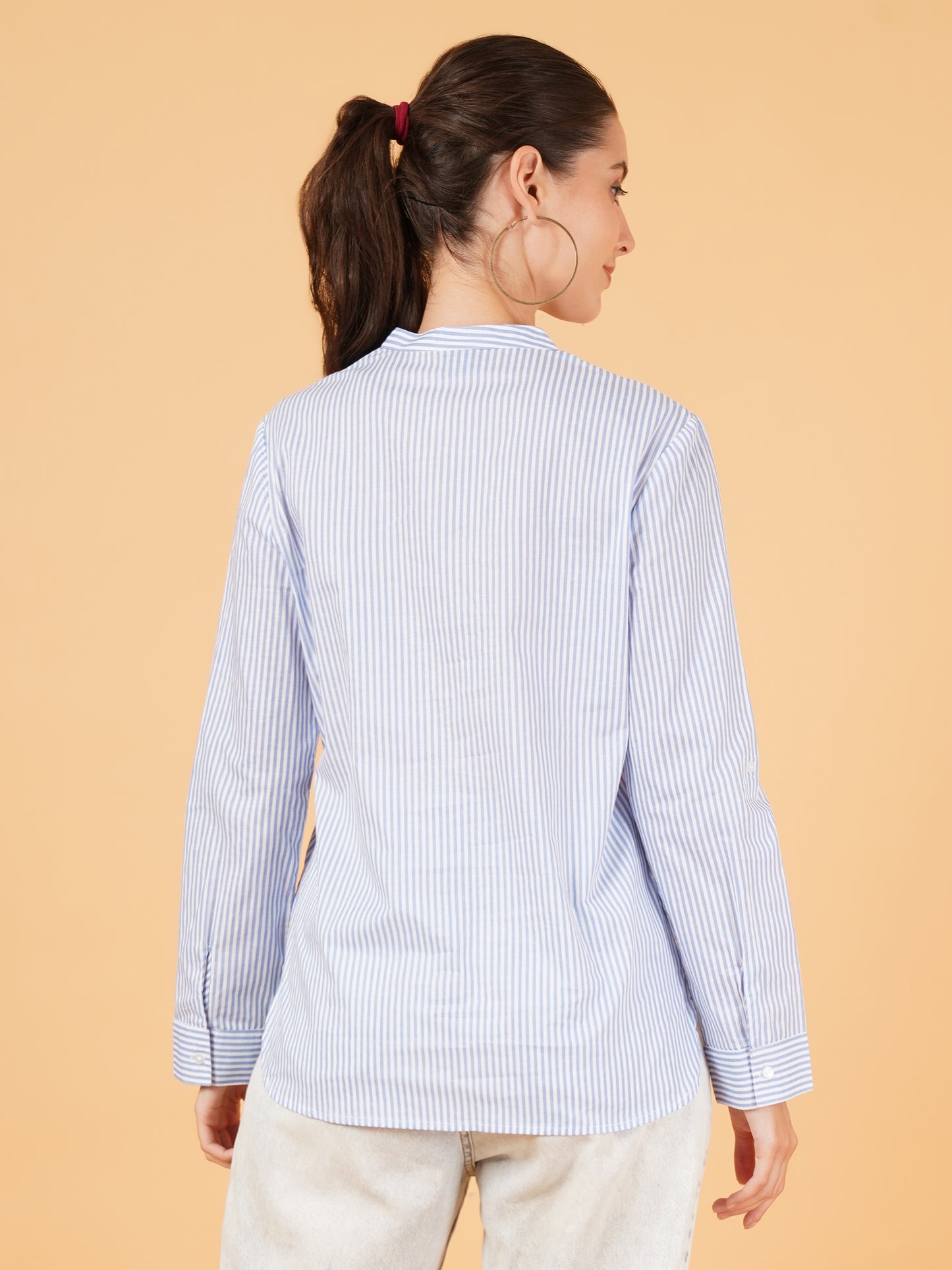 Women Blue & White Striped Mandarin Collar Shirt