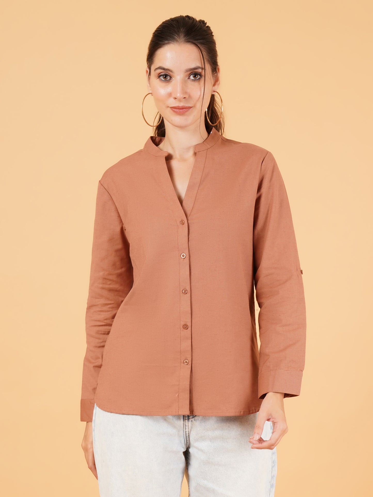 Women Solid Mandarin Collar Shirt