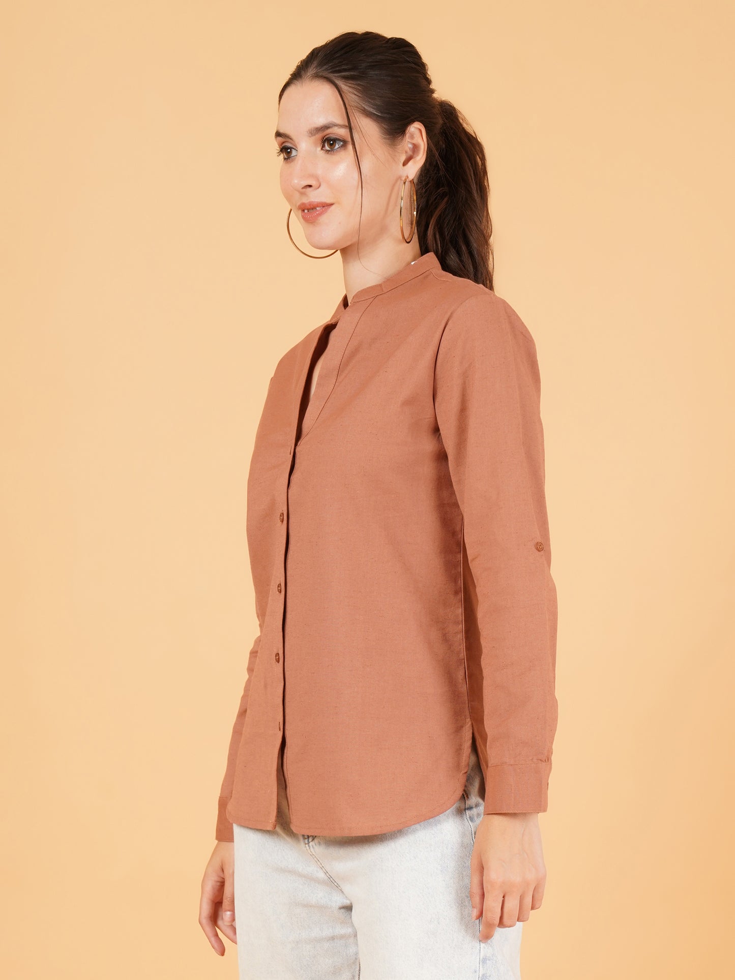 Women Solid Mandarin Collar Shirt