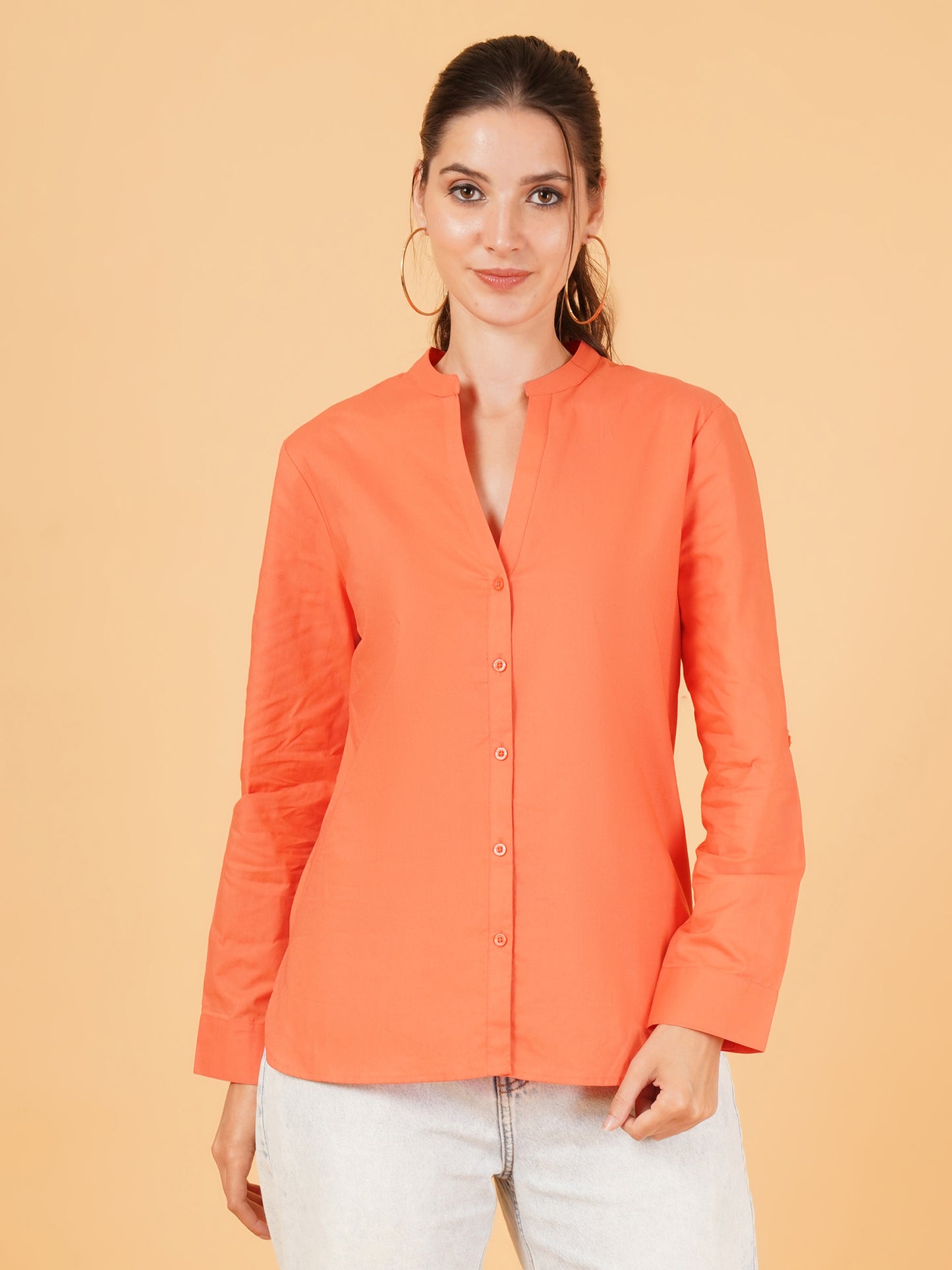 Women Solid Mandarin Collar Shirt