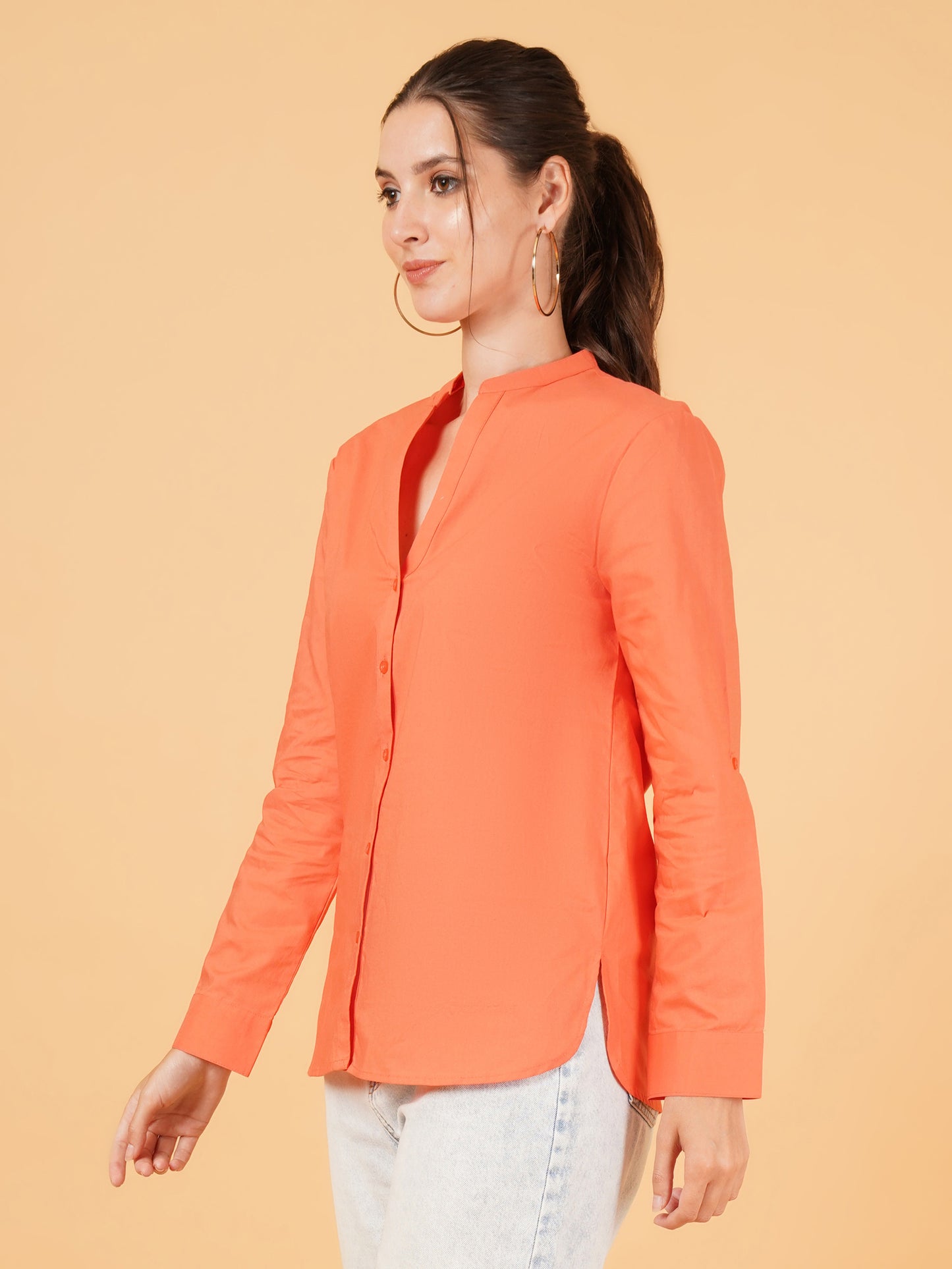 Women Solid Mandarin Collar Shirt