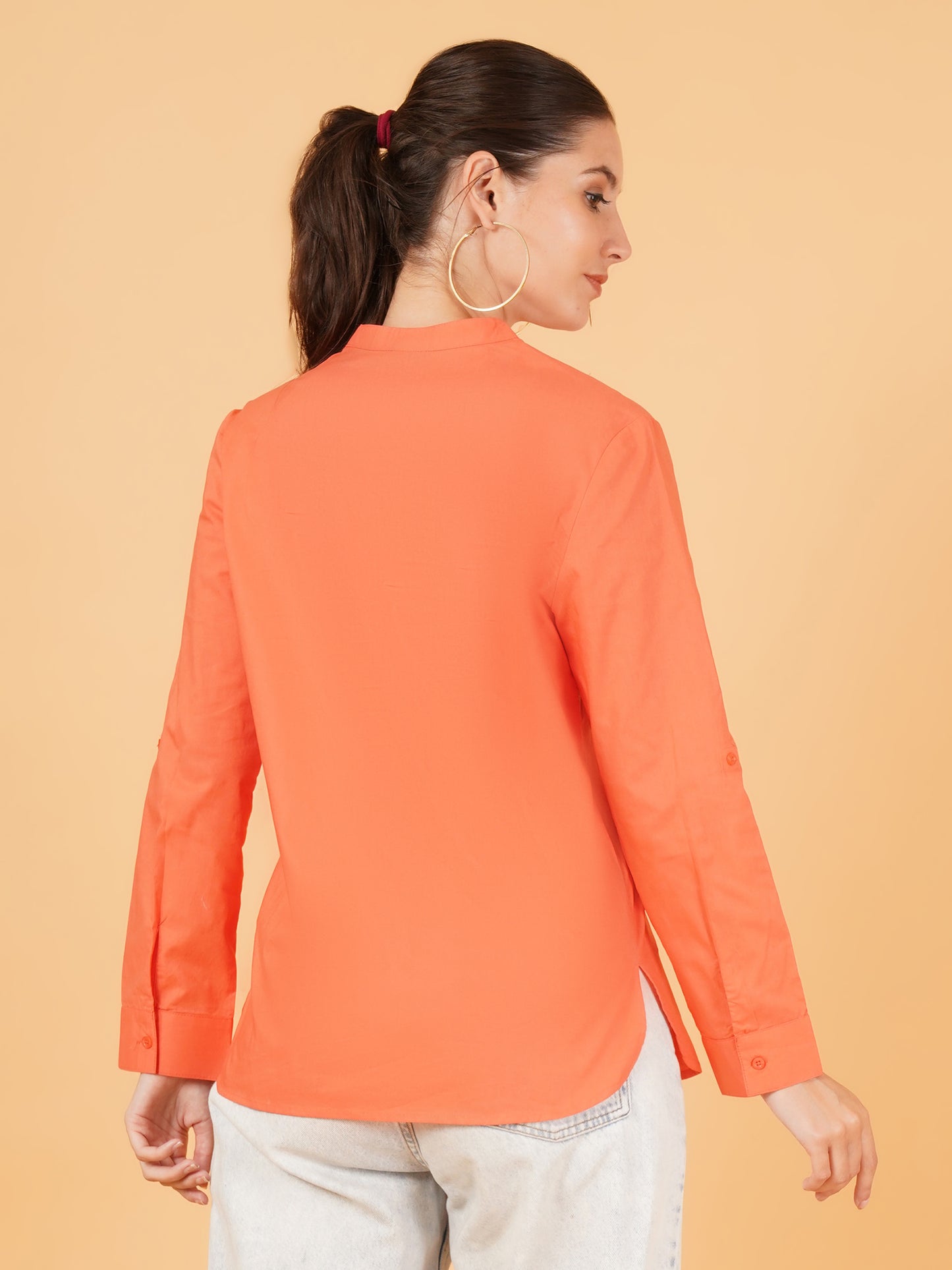 Women Solid Mandarin Collar Shirt