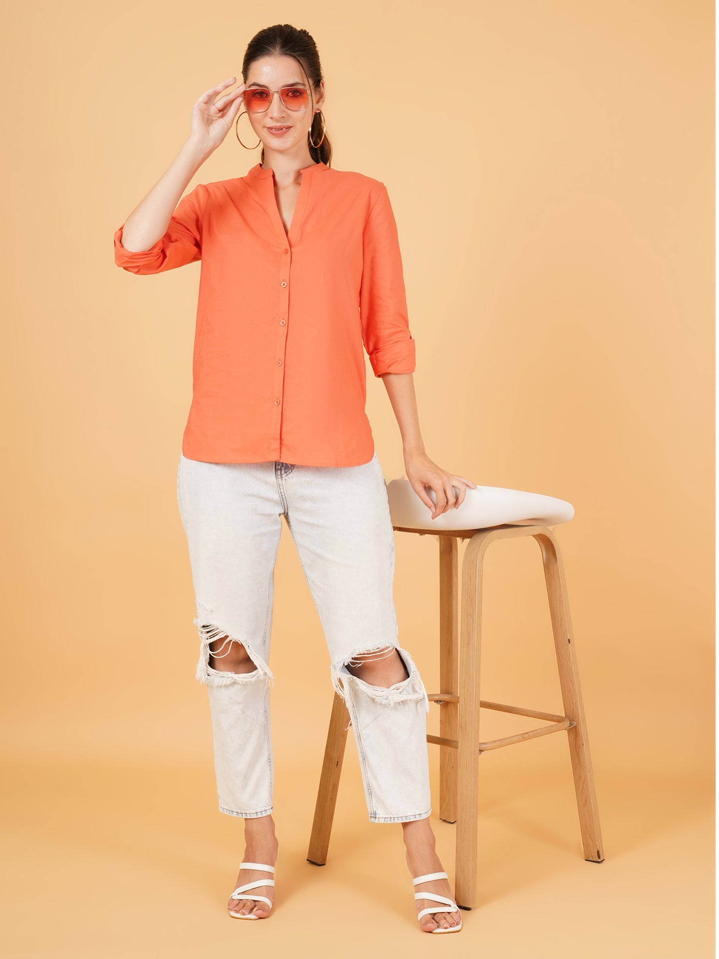 Women Solid Mandarin Collar Shirt