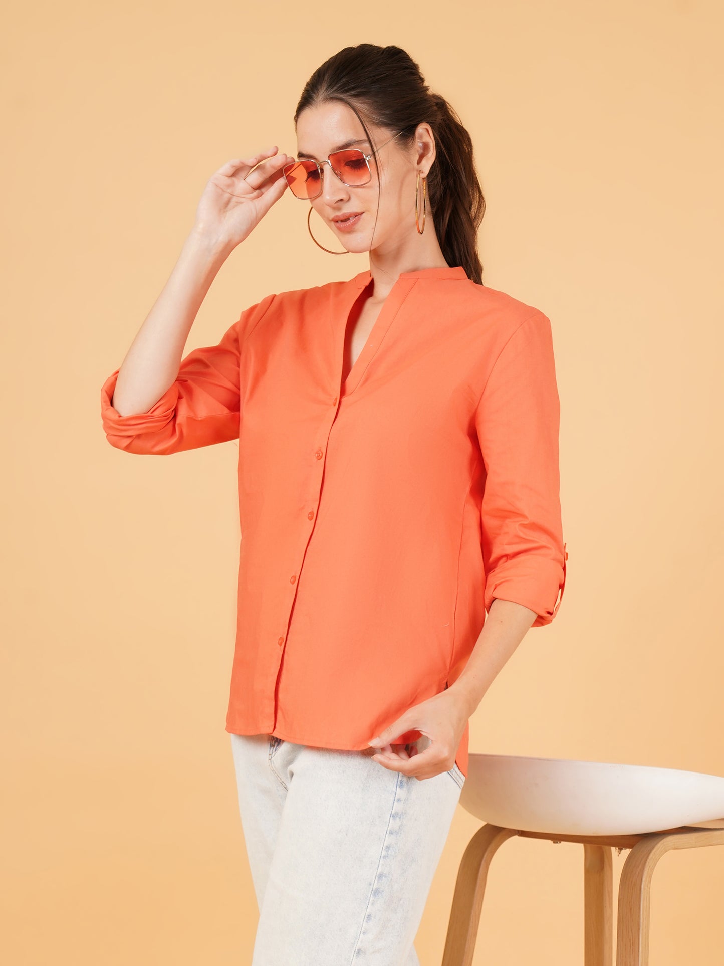 Women Solid Mandarin Collar Shirt