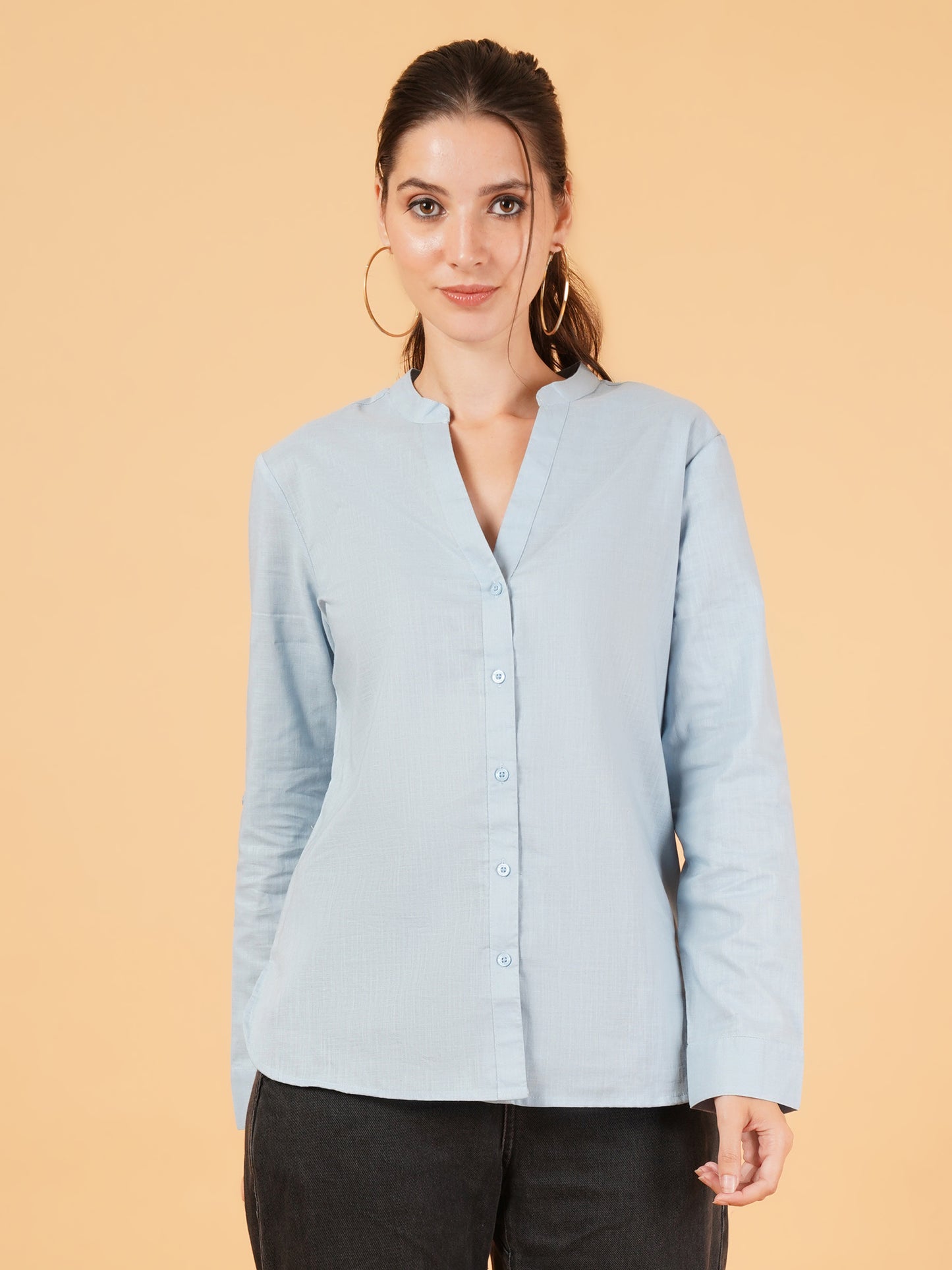 Women Solid Mandarin Collar Shirt