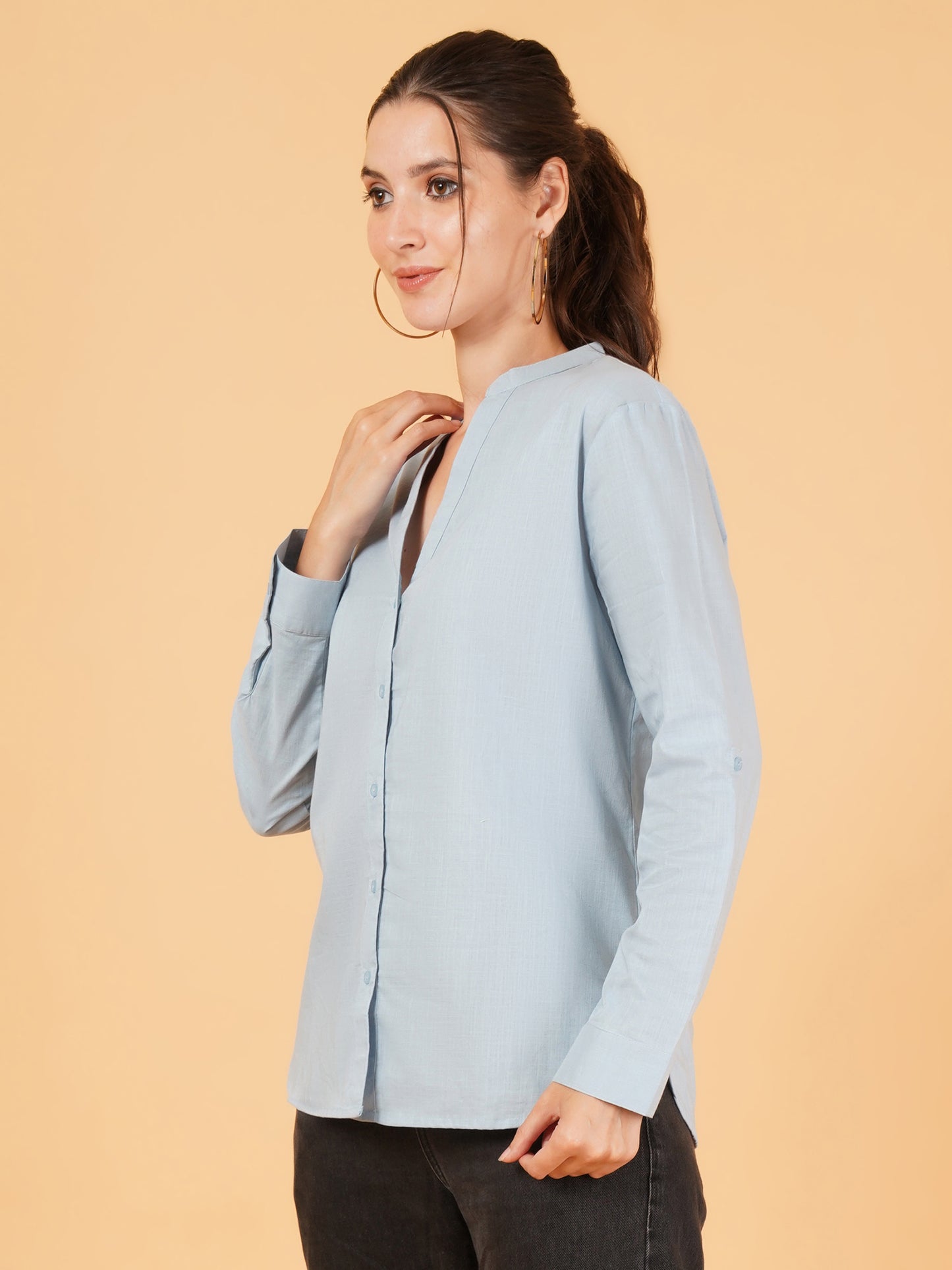 Women Solid Mandarin Collar Shirt