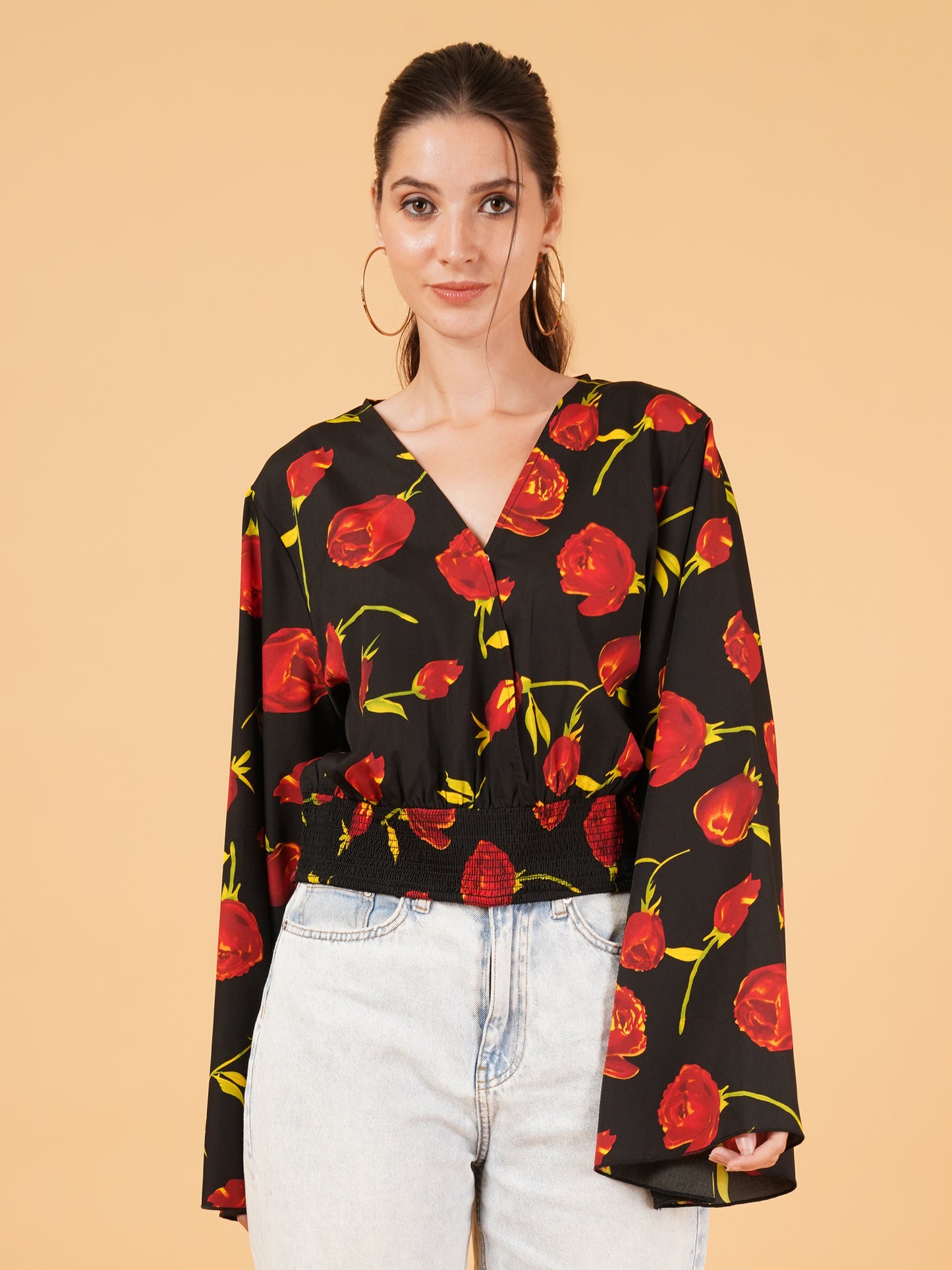 Women Black & Red Floral Print Smocked Crop Tops