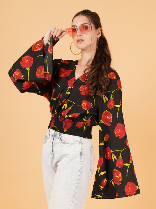 Women Black & Red Floral Print Smocked Crop Tops