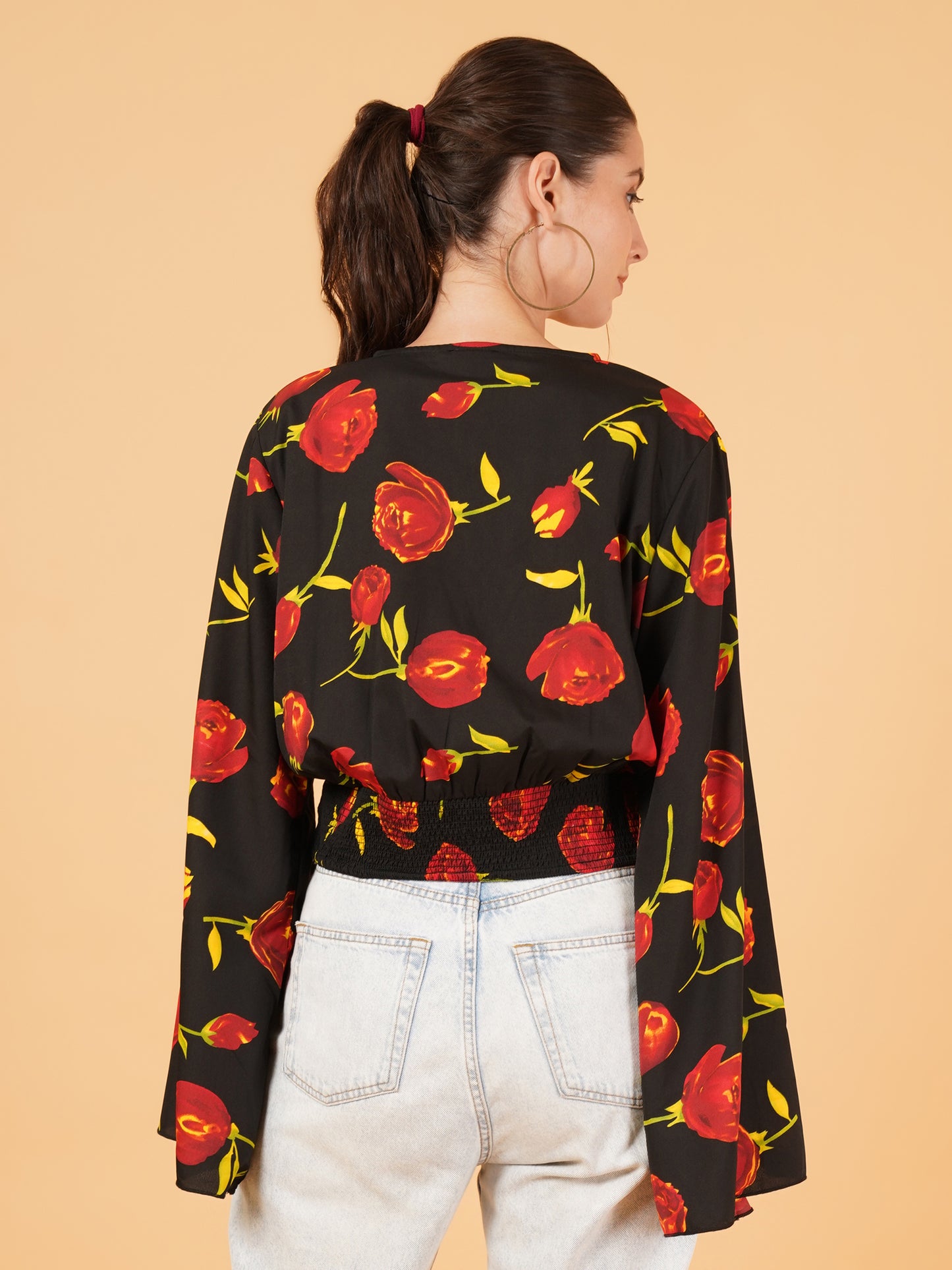 Women Black & Red Floral Print Smocked Crop Tops