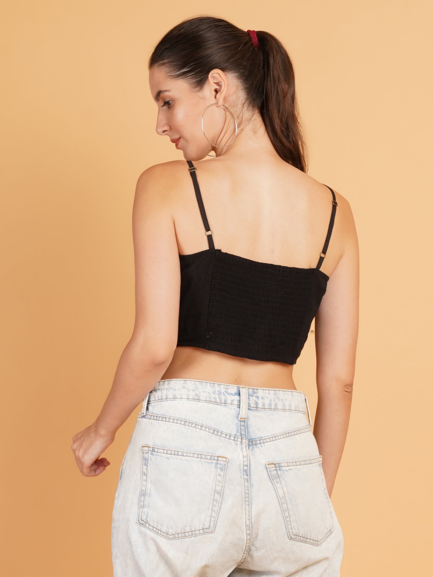 Women Black Solid Drawstring Shoulder Strap Smocked Crop Top