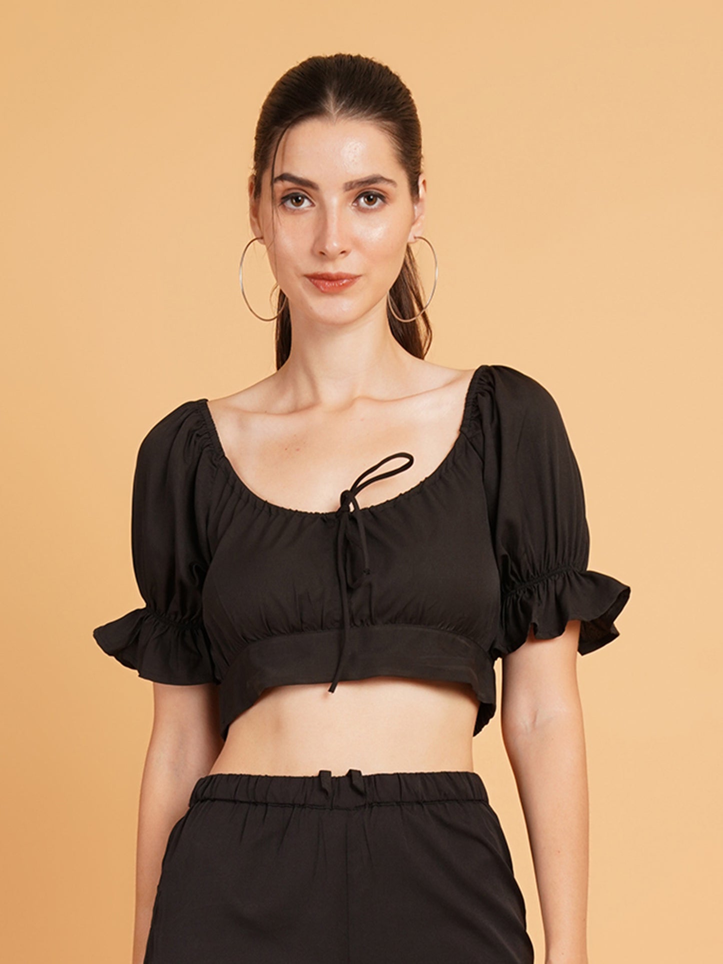 Women Black Drawstring Puff Sleeves Crop Top