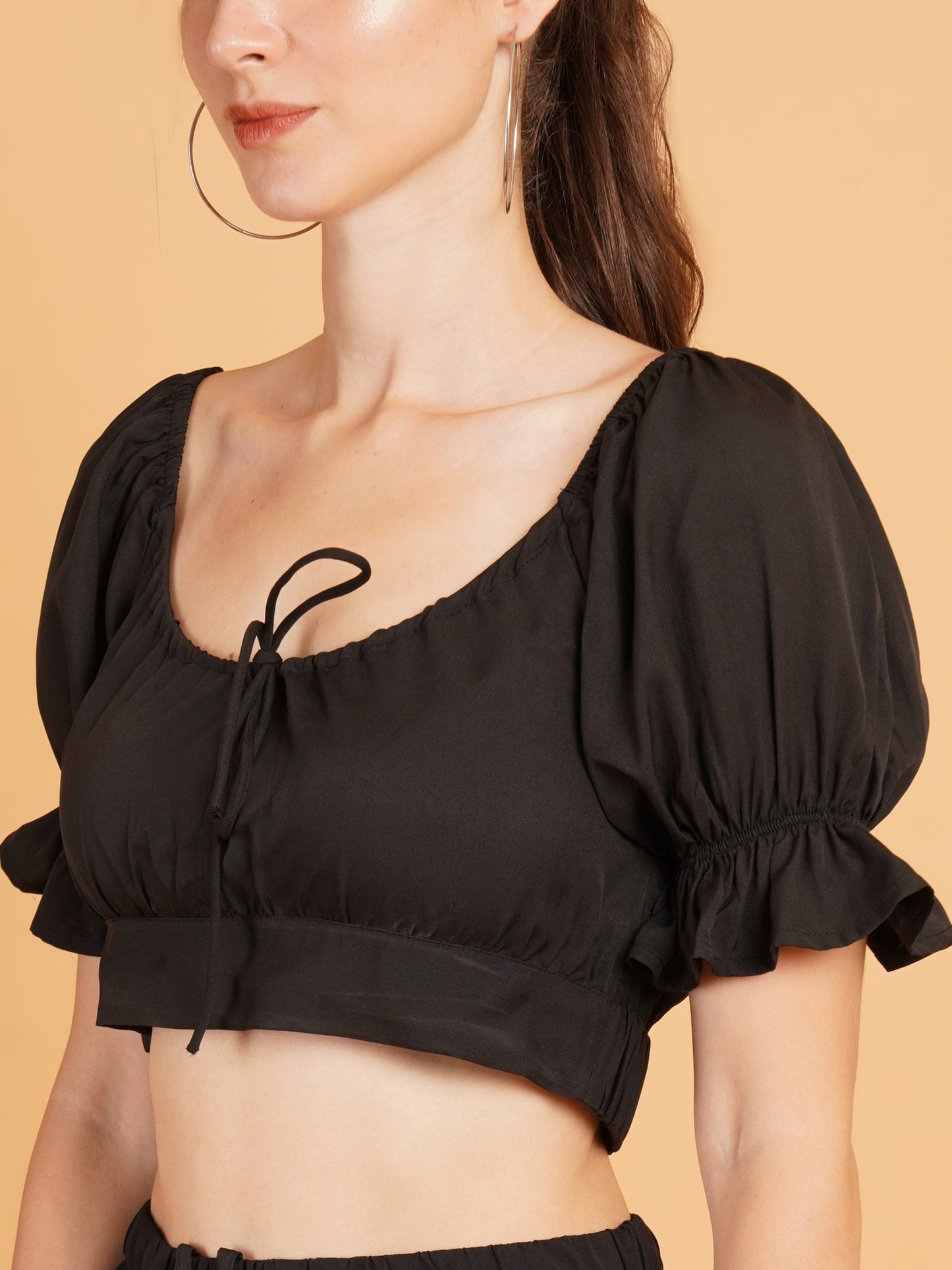 Women Black Drawstring Puff Sleeves Crop Top