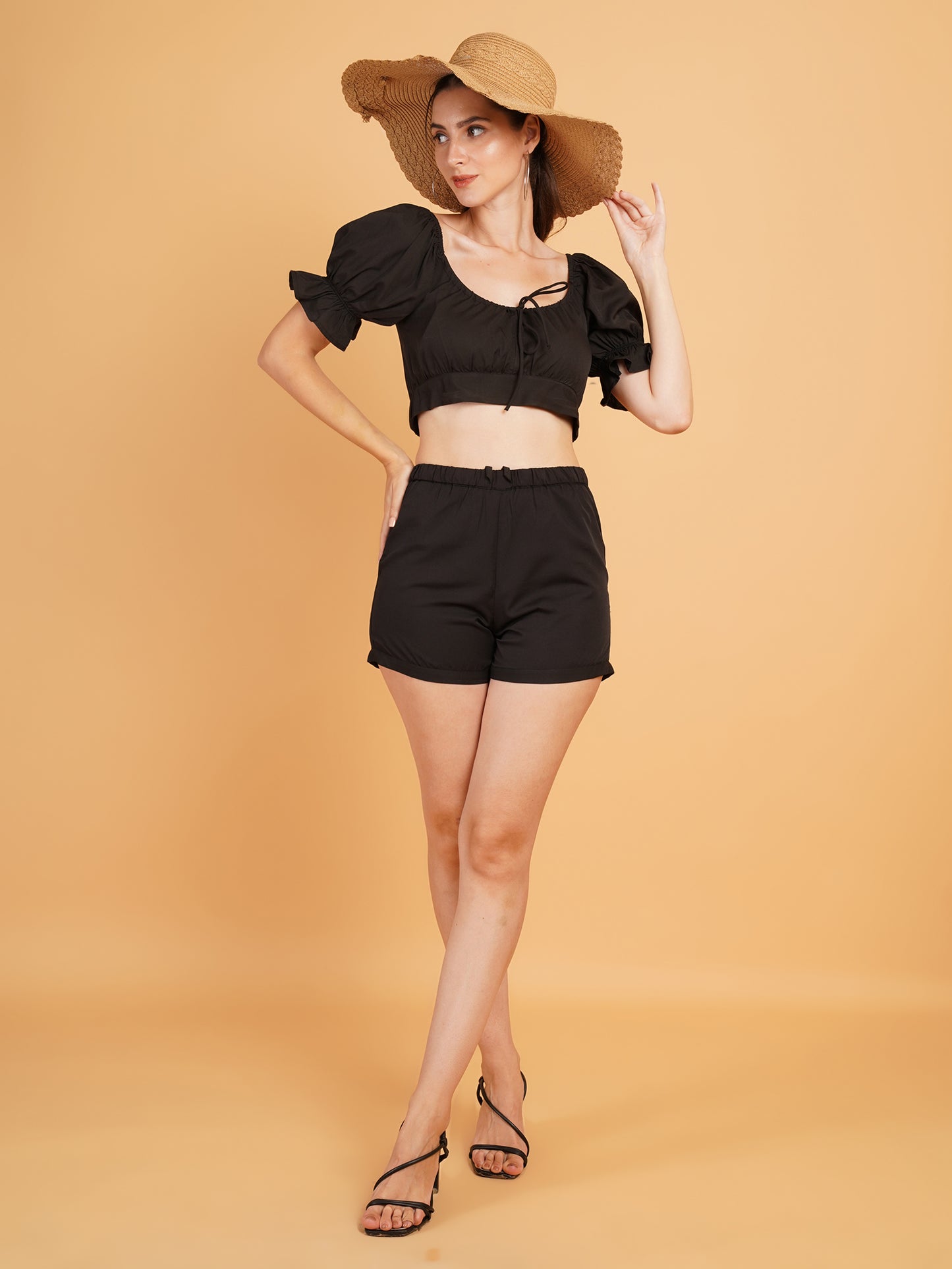 Women Black Drawstring Puff Sleeves Crop Top