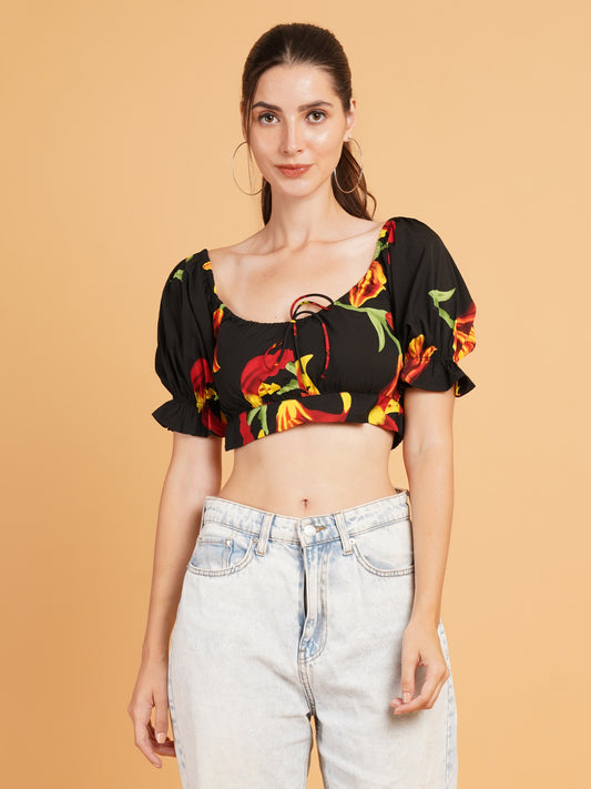 Women Black & Red Floral Print Drawstring Puff Sleeves Crop Top