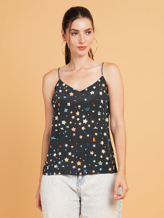 Women Dark Green Star Print Sweetheart Neck Shoulder Strap Crop Top