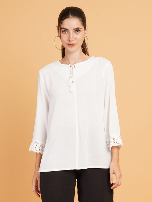 Women White Lace Inserted Tie-Up Neck Regular Top