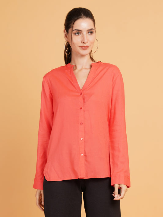 Women Orange Solid Dobby Print Mandarin Collar Shirt