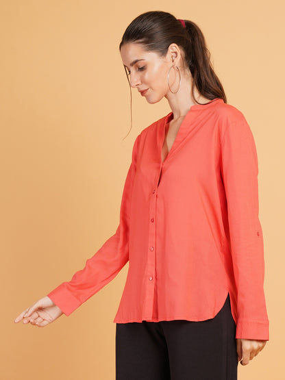 Women Orange Solid Dobby Print Mandarin Collar Shirt