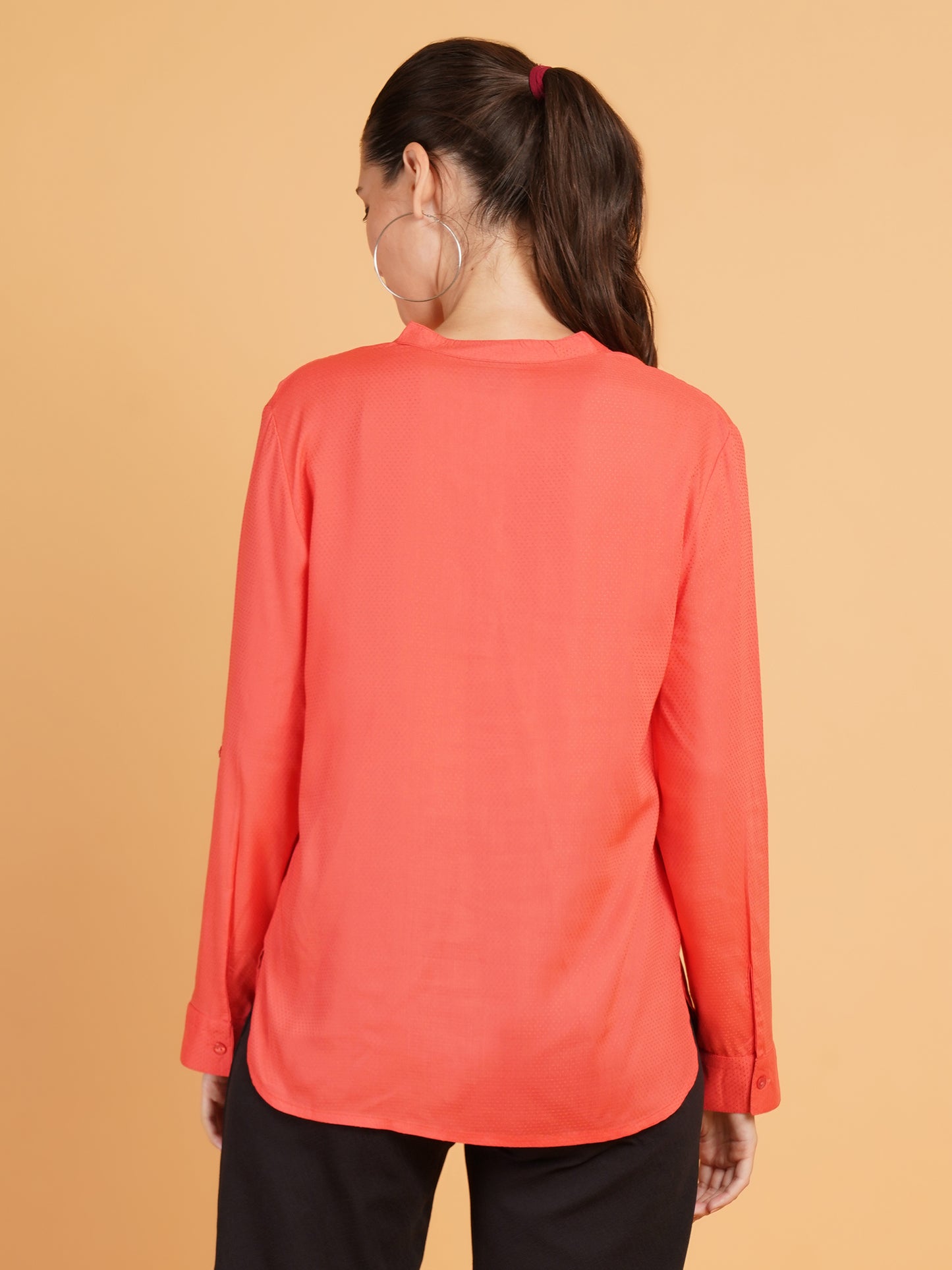 Women Orange Solid Dobby Print Mandarin Collar Shirt