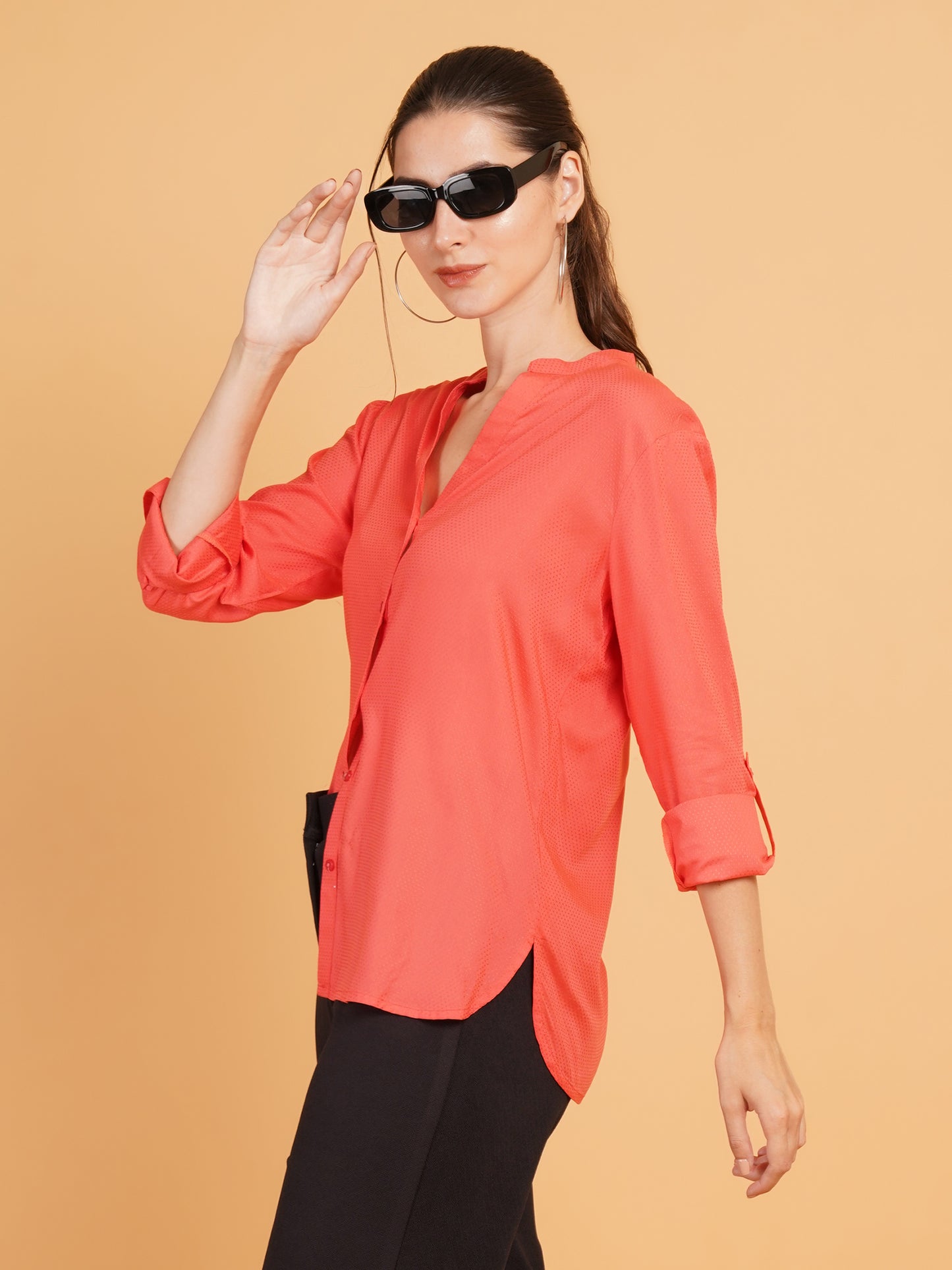 Women Orange Solid Dobby Print Mandarin Collar Shirt