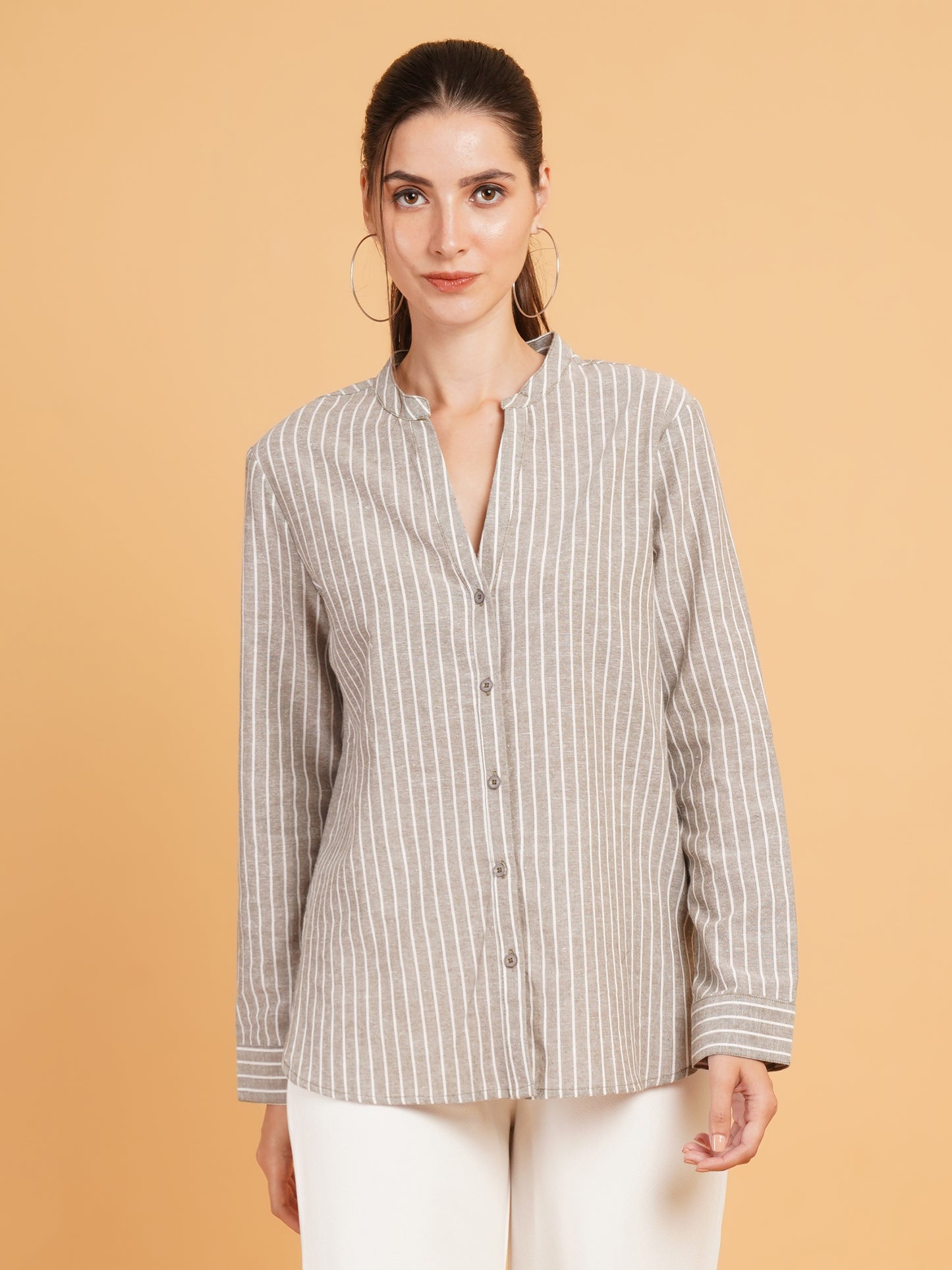 Women Grey & White Stripe Mandarin Collar Cotton Shirt