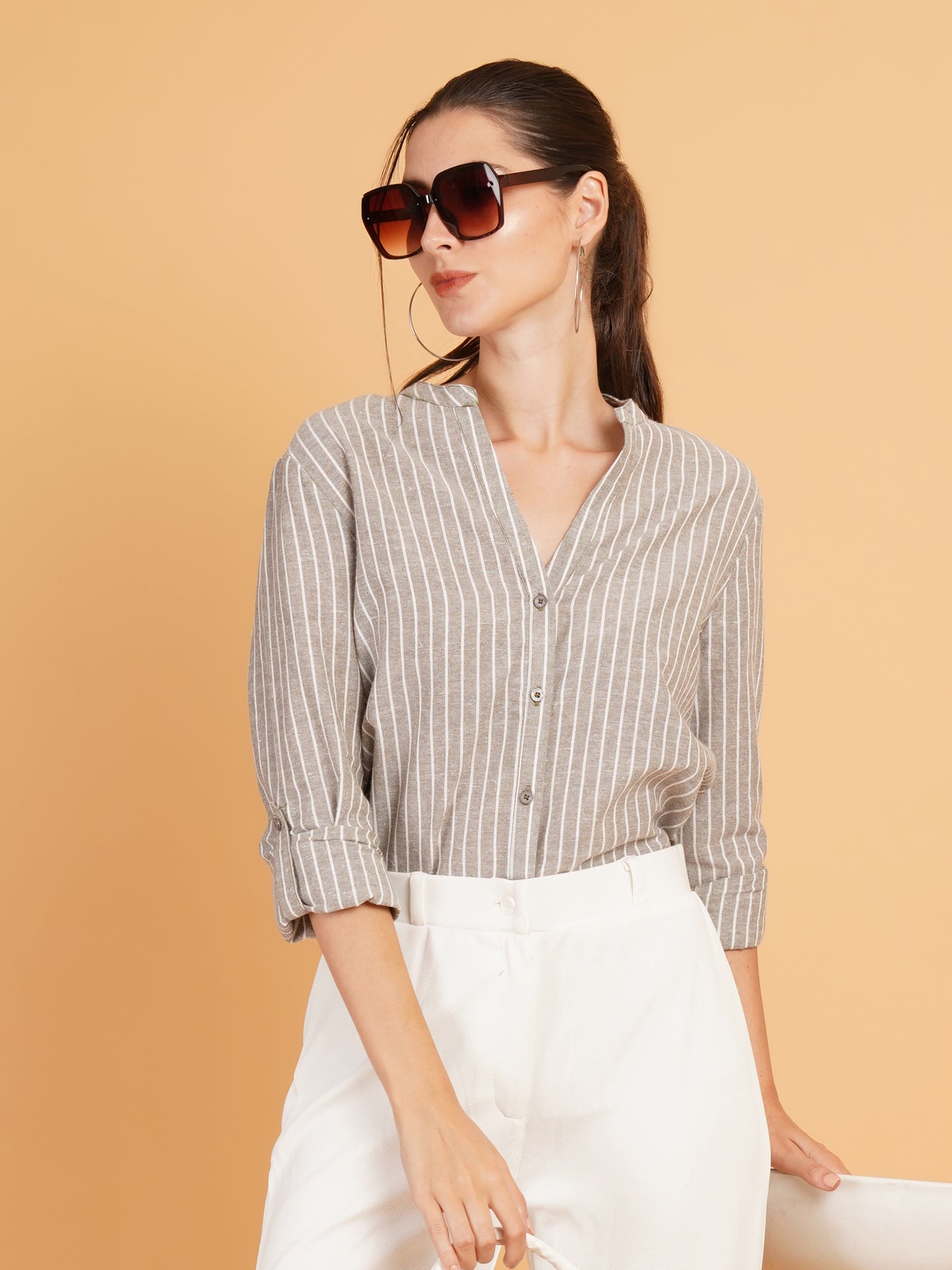 Women Grey & White Stripe Mandarin Collar Cotton Shirt